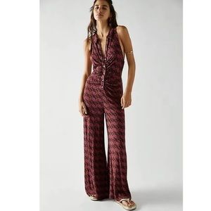 Free People Retro Shayla Halter Jumpsuit Button Front Sleeveless Brown Pink sz L